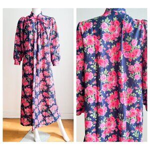 Vintage Hamilton Blue Pink Florals Long Sleeve Nightgown M